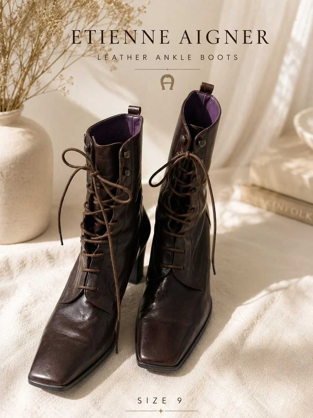 Etienne Aigner Brown Leather Lace-Up Ankle Boots Square Toe Block Heel Size 9W